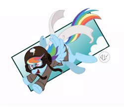 Size: 700x603 | Tagged: safe, artist:greenwiggly, derpibooru import, rainbow dash, pegasus, pony, clothes, cloud, cutie mark, female, flying, goggles, helmet, scarf, simple background, solo, uniform, wings