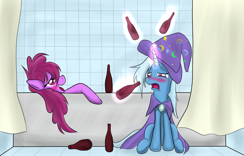 Size: 2284x1461 | Tagged: dead source, safe, artist:reikomuffin, derpibooru import, berry punch, berryshine, trixie, earth pony, pony, unicorn, alcohol, bath, bathroom, blushing, bottle, drunk, drunk trixie, female, mare, messy mane, party, sitting, the great and alcoholics trixie