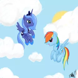 Size: 2000x2000 | Tagged: dead source, safe, artist:fribox, derpibooru import, princess luna, rainbow dash, alicorn, pegasus, pony, cloud, cloudy, duo, duo female, female, flying, high res, open mouth, s1 luna