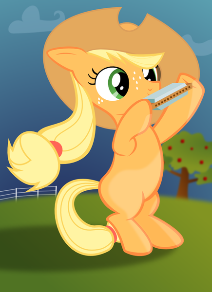 Size: 743x1024 | Tagged: safe, artist:buckethelm, derpibooru import, applejack, pony, bipedal, filly, foal, harmonica, musical instrument, solo, younger