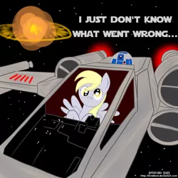 Size: 1000x1000 | Tagged: safe, artist:invidlord, derpibooru import, derpy hooves, pegasus, pony, death star, female, mare, r2-d2, star wars, starfighter, x-wing