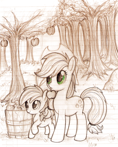 Size: 1031x1280 | Tagged: safe, artist:mn27, derpibooru import, apple bloom, applejack, earth pony, pony, apple, duo, female, filly, lined paper, mare, monochrome, neo noir, partial color, sisters, traditional art, tree