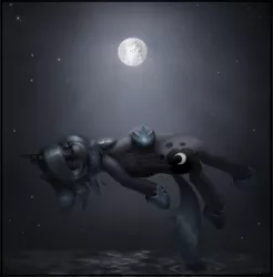 Size: 910x925 | Tagged: artist:ventious, dark, derpibooru import, eyes closed, floating, moon, night, princess luna, s1 luna, safe, solo