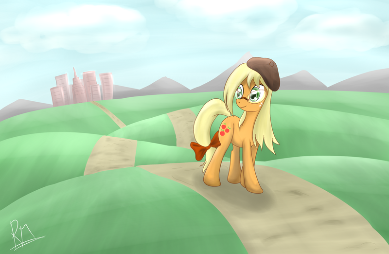 Size: 2299x1500 | Tagged: dead source, safe, artist:reikomuffin, derpibooru import, applejack, earth pony, pony, alternate hairstyle, beret, female, glasses, loose hair, mare, road, solo, tail bow