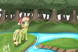 Size: 2252x1491 | Tagged: dead source, safe, artist:reikomuffin, derpibooru import, granny smith, earth pony, pony, everfree forest, female, filly, forest, looking back, solo, water, young granny smith, younger