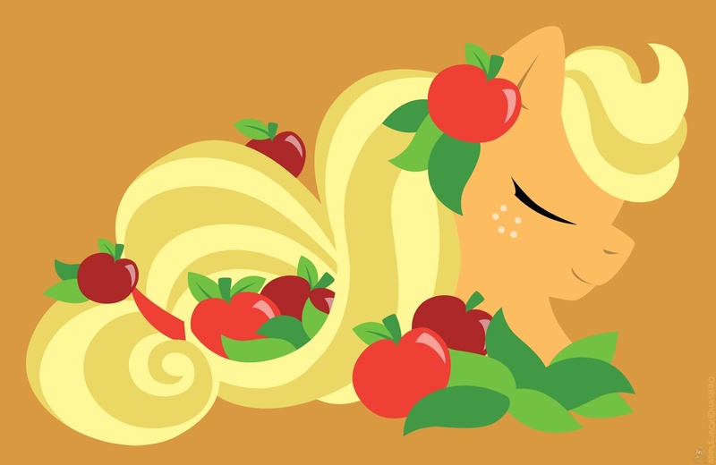 Size: 1500x975 | Tagged: safe, artist:raygirl, derpibooru import, part of a set, applejack, earth pony, pony, apple, bust, eyes closed, female, food, hooves, lineless, mare, minimalist, modern art, orange background, portrait, profile, simple background, solo, wallpaper