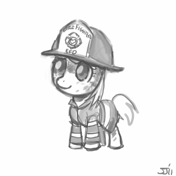 Size: 700x700 | Tagged: artist:johnjoseco, costume, cute, derpibooru import, dinkabetes, dinky hooves, firefighter, grayscale, monochrome, nightmare night, safe