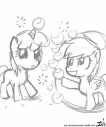 Size: 500x600 | Tagged: :3, artist:johnjoseco, bubble, derpibooru import, derpy hooves, dinky hooves, filly, foal, grayscale, monochrome, safe