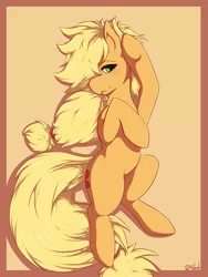 Size: 825x1100 | Tagged: suggestive, artist:blackkaries, derpibooru import, applejack, earth pony, pony, bed mane, bedroom eyes, blushing, female, mare, on back, solo, solo female, sultry pose