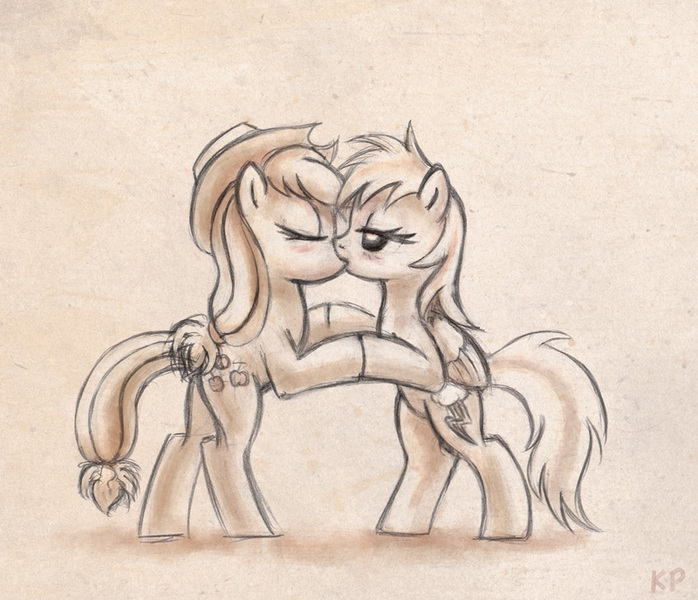 Size: 800x688 | Tagged: safe, artist:kp-shadowsquirrel, derpibooru import, applejack, rainbow dash, appledash, blushing, female, kissing, lesbian, monochrome, shipping