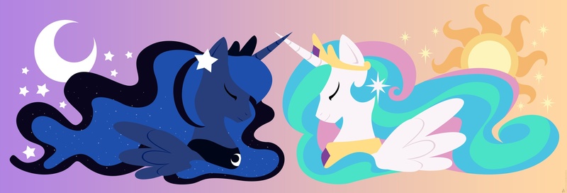 Size: 2646x900 | Tagged: safe, artist:raygirl, derpibooru import, princess celestia, princess luna, alicorn, pony, bust, cutie mark background, eyes closed, female, horn, jewelry, lineless, mare, minimalist, portrait, profile, regalia, spread wings, stars, tiara, wings