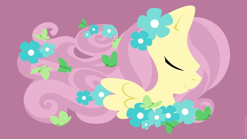 Size: 1920x1080 | Tagged: safe, artist:raygirl, derpibooru import, part of a set, fluttershy, butterfly, pegasus, pony, bust, female, flower, lineless, mare, minimalist, modern art, portrait, profile, simple background, solo, wallpaper, wings