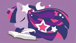 Size: 1920x1080 | Tagged: safe, artist:raygirl, derpibooru import, part of a set, twilight sparkle, pony, unicorn, book, bust, eyes closed, female, horn, lineless, mare, minimalist, modern art, portrait, profile, purple background, quill, simple background, solo, stars, wallpaper