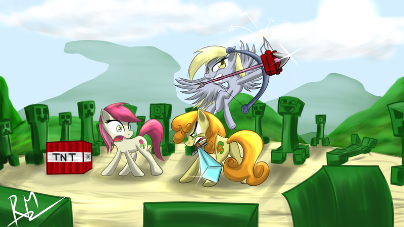 Size: 1920x1080 | Tagged: dead source, safe, artist:reikomuffin, derpibooru import, carrot top, derpy hooves, golden harvest, roseluck, cyclops, earth pony, pegasus, pony, arrow, awesome face, bow (weapon), creeper, crossover, diamond sword, explosives, female, mare, minecraft, mouth hold, one eye, sword, tnt, trio, trio female, wallpaper, weapon