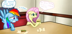 Size: 1695x815 | Tagged: safe, artist:verypen, derpibooru import, fluttershy, rainbow dash, pegasus, pony, burger, food, hamburger, meat, ponies eating meat