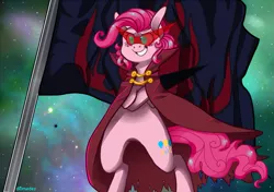 Size: 1099x774 | Tagged: artist:buljong, ask doctor whooves, cape, clothes, crossover, derpibooru import, flag, grin, hotblooded pinkie pie, kamina, pinkie pie, safe, smiling, solo, tengen toppa gurren lagann