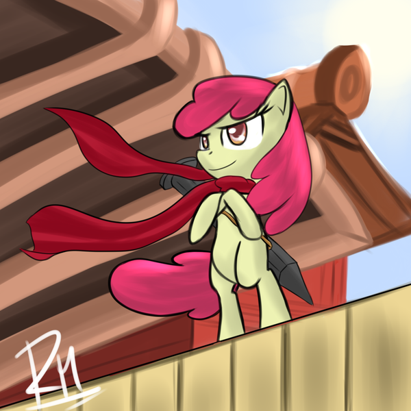 Size: 1000x1000 | Tagged: dead source, safe, artist:reikomuffin, derpibooru import, apple bloom, earth pony, pony, bang shishigami, bipedal, blazblue, clothes, crossover, female, filly, scarf, solo