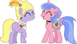 Size: 4800x2777 | Tagged: safe, artist:chir-miru, derpibooru import, lyrica lilac, royal ribbon, pony, unicorn, bow, choker, duo, eyes closed, female, hair bow, jewelry, laughing, mare, necklace, pearl necklace, raised hoof, saddle, simple background, tack, transparent background, vector