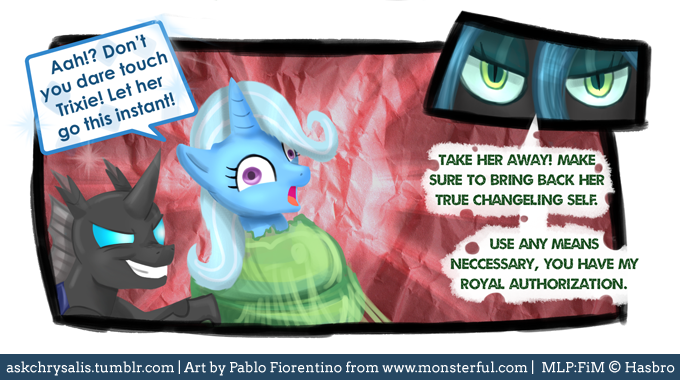 Size: 680x380 | Tagged: safe, artist:php13, derpibooru import, queen chrysalis, trixie, changeling, changeling queen, pony, unicorn, ask, askchrysalis, cocoon, dialogue, disguise, disguised changeling, female, grin, image, lidded eyes, mare, open mouth, png, screaming, smiling, speech bubble, squint, tumblr, tumblr link