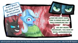 Size: 680x380 | Tagged: safe, artist:php13, derpibooru import, queen chrysalis, trixie, changeling, changeling queen, pony, unicorn, ask, askchrysalis, cocoon, dialogue, disguise, disguised changeling, female, grin, image, lidded eyes, mare, open mouth, png, screaming, smiling, speech bubble, squint, tumblr, tumblr link