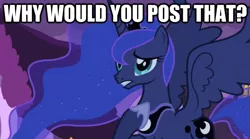 Size: 625x348 | Tagged: derpibooru import, image macro, princess luna, safe, why would you post that