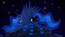 Size: 2500x1406 | Tagged: dead source, suggestive, artist:illuminatiums, derpibooru import, princess luna, alicorn, pony, bedroom eyes, blue underwear, clothes, cloud, face down ass up, featureless crotch, female, looking at you, looking back, mare, moonbutt, night, panties, photoshop, plot, show accurate, show accurate porn, sky, smiling, socks, solo, solo female, spread wings, stars, stockings, striped socks, underwear, wallpaper, wallpaper for the fearless, wingboner