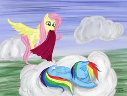 Size: 1024x771 | Tagged: artist:ooklah, cloud, cloudy, derpibooru import, duo, eyes closed, fluttershy, rainbow dash, safe, sleeping