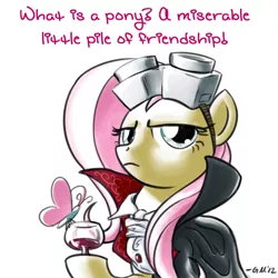 Size: 640x640 | Tagged: safe, artist:giantmosquito, derpibooru import, fluttershy, butterfly, pegasus, pony, vampire, ask-dr-adorable, castlevania, castlevania: symphony of the night, cloak, clothes, crossover, dr adorable, dracula, female, fluttershy is not amused, glass, hoof hold, looking at you, mare, meme, parody, safety goggles, signature, simple background, what is a man, white background