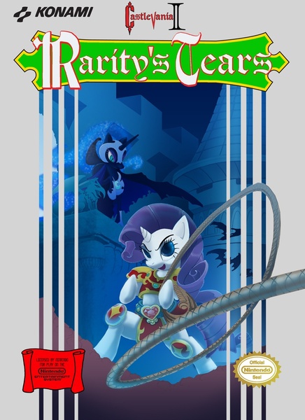 Size: 765x1053 | Tagged: artist:foolyguy, bat, bipedal, box art, castlevania, castlevania ii, derpibooru import, hoof hold, konami, nightmare moon, nintendo entertainment system, parody, rarity, safe, simon's quest, style emulation, video game, whip