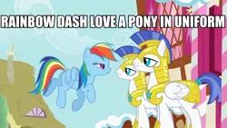 Size: 640x360 | Tagged: a bird in the hoof, armor, derpibooru import, edit, edited screencap, guard, image macro, rainbow dash, royal guard, safe, screencap