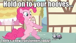 Size: 960x540 | Tagged: derpibooru import, edit, edited screencap, fourth wall, hubble, hub logo, pinkie pie, roflbot, safe, screencap, the hub, transformers