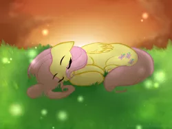 Size: 800x600 | Tagged: safe, artist:ruby-sunrise, derpibooru import, fluttershy, firefly (insect), pegasus, pony, eyes closed, female, floppy ears, folded wings, grass, mare, outdoors, sleeping, solo, wings