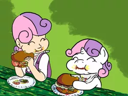 Size: 900x675 | Tagged: safe, artist:aa, derpibooru import, sweetie belle, pony, unicorn, burger, duo, female, filly, foal, food, human ponidox, humanized, veggie burger
