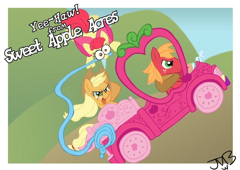 Size: 900x638 | Tagged: dead source, safe, artist:gamebuddy123, derpibooru import, apple bloom, applejack, big macintosh, earth pony, pony, apple bloom's bow, apple siblings, applejack truck, applejack's hat, bow, cowboy hat, female, filly, hair bow, hat, male, mane bow, mare, mouth hold, postcard, rope, stallion, yeehaw