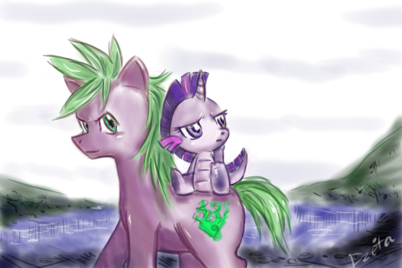 Size: 1500x1000 | Tagged: safe, artist:dzetawmdunion, derpibooru import, spike, twilight sparkle, ponified, dragon, earth pony, pony, dragonified, ponified spike, role reversal, what if