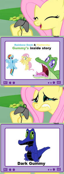 Size: 562x1534 | Tagged: safe, derpibooru import, fluttershy, gummy, rainbow dash, pony, exploitable meme, fluttercry, gamershy, mario, mario & luigi, mario & luigi: bowser's inside story, meme, parody, super mario bros., tv meme