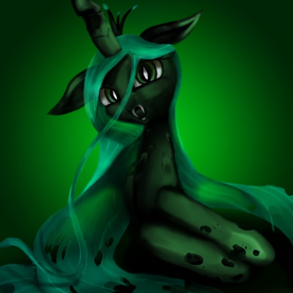 Size: 876x876 | Tagged: dead source, safe, artist:22bubble-eyes22, derpibooru import, queen chrysalis, changeling, changeling queen, fangs, female, floppy ears, gradient background, image, jpeg, looking at you, open mouth, slit eyes, solo