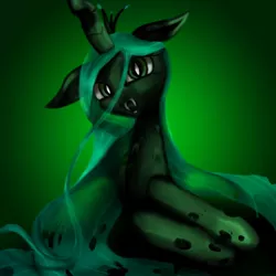 Size: 876x876 | Tagged: dead source, safe, artist:22bubble-eyes22, derpibooru import, queen chrysalis, changeling, changeling queen, fangs, female, floppy ears, gradient background, image, jpeg, looking at you, open mouth, slit eyes, solo