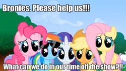 Size: 1267x718 | Tagged: applejack, bronybait, cute, derpibooru import, fluttershy, image macro, meme, pinkie pie, puppy dog eyes, rainbow dash, random, rarity, safe