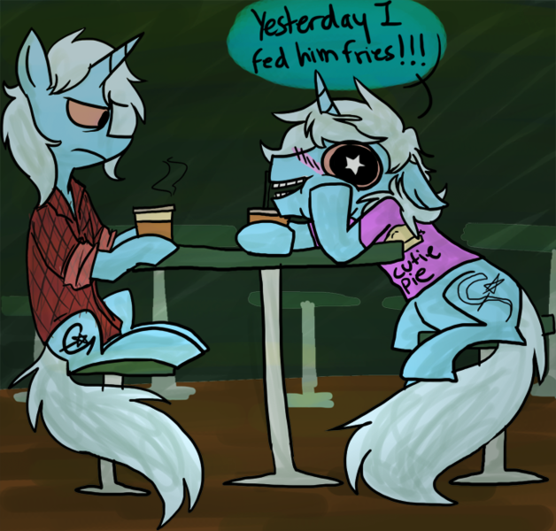 Size: 700x669 | Tagged: safe, artist:ghost, derpibooru import, trixie, pony, unicorn, bloodshot eyes, clothes, cup, drink, duo, rule 63, self ponidox, stoned trixie, tristan