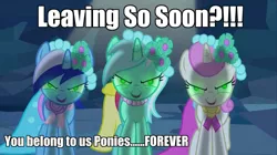 Size: 1280x717 | Tagged: safe, derpibooru import, screencap, lyra heartstrings, minuette, twinkleshine, pony, unicorn, a canterlot wedding, background pony, bridesmaid dress, caption, clothes, crystal caverns, dress, female, forever, image macro, impact font, join the herd, mare, mind control, random, welcome to the herd