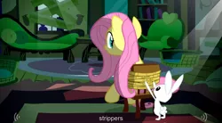 Size: 1280x704 | Tagged: safe, derpibooru import, screencap, angel bunny, fluttershy, pegasus, pony, rabbit, putting your hoof down, animal, bondage, chair, female, male, mare, rope, rope bondage, sitting, strippers, tied up, youtube caption