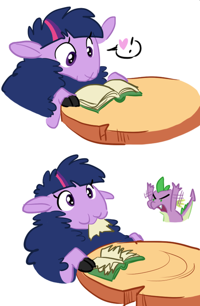 Size: 562x860 | Tagged: :3, angry, artist:elslowmo, book, cute, derpibooru import, eyes on the prize, frown, glare, heart, lamb, nom, open mouth, puffy cheeks, safe, sheep, smiling, species swap, spike, twilight sheeple, twilight sparkle