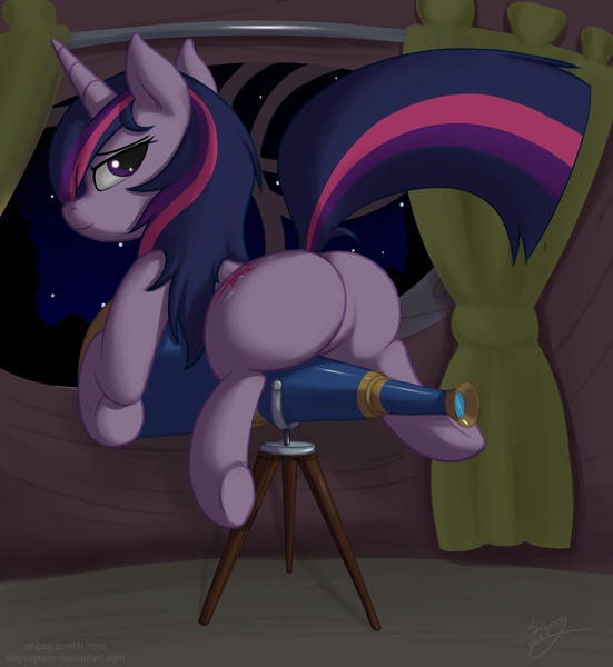 Size: 2294x2500 | Tagged: safe, artist:skipsy, derpibooru import, twilight sparkle, pony, unicorn, featureless crotch, female, high res, looking at you, night, plot, plump, signature, solo, squishy, squooshy, stars, telescope