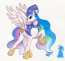 Size: 913x849 | Tagged: safe, artist:alipes, derpibooru import, princess celestia, trixie, alicorn, pony, accessory swap, cape, clothes, crying, damage, hat, sad, the great and powerful, traditional art, wizard hat