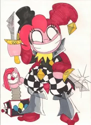 Size: 1700x2338 | Tagged: artist:xarazel, derpibooru import, jester, jester pie, league of legends, pinkamena diane pie, pinkie pie, semi-grimdark, shaco, shacopie