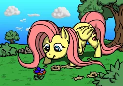 Size: 768x539 | Tagged: safe, artist:neyonic, derpibooru import, fluttershy, butterfly, pegasus, pony, female, flower, mare, photoshop, solo, tree