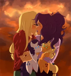 Size: 842x900 | Tagged: safe, artist:comatose-das, derpibooru import, applejack, rarity, female, humanized, kissing, lesbian, plushie, rarijack, shipping, sunset