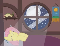 Size: 1000x773 | Tagged: safe, artist:alextheartsy, derpibooru import, fluttershy, pegasus, pony, bed, blanket, crepuscular rays, eyes closed, female, full moon, indoors, interior, mare, moon, moonlight, night, sleeping, smiling, solo, window