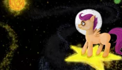 Size: 1280x737 | Tagged: safe, artist:colorlesscupcake, derpibooru import, scootaloo, pegasus, pony, astronaut, female, filly, moon, solo, space, sun